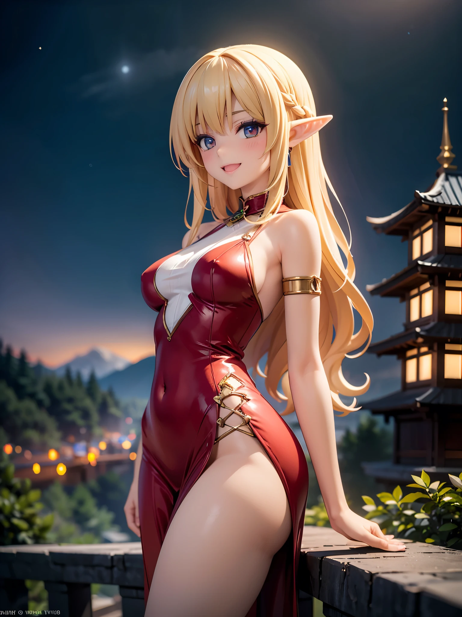 Detailed image of a beautiful elf laughing seductively, Wearing a transparent baggy dress. Looking at the camera blushing. Long wavy loose blonde hair, long thick eyelashes, Sharp seductive red eyes, Medium sized breasts, small waist, wide hips with beautiful thick thighs, large round buttocks, white skin. Night landscape of mountains, next to a temple. Volumetric lighting.