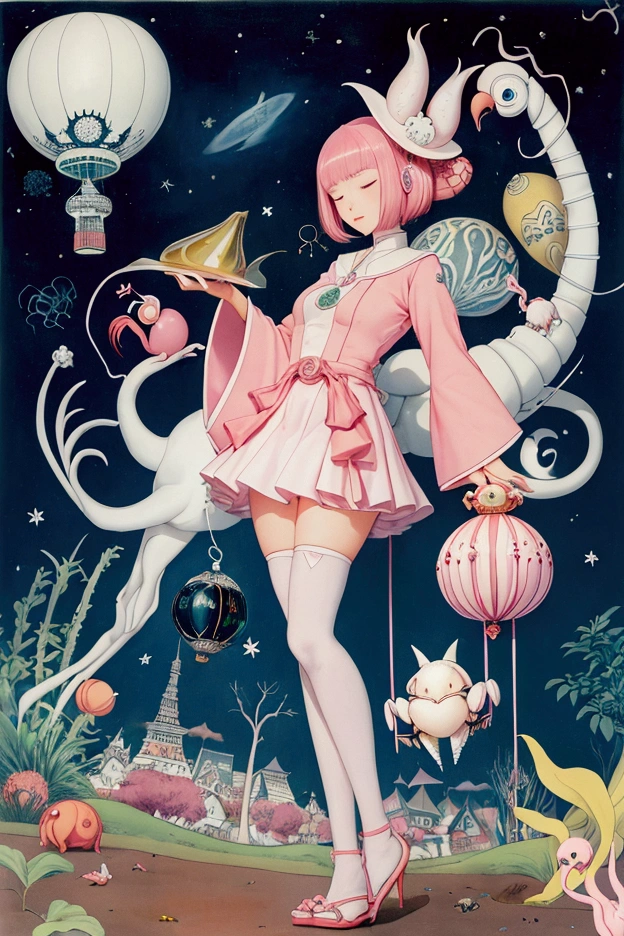 Kay Nielsen, Maurice Sendak, Satomi Ichikawa, Tom Seidmann Freud, Felicitas Kuhn, Surrealism, wonder, strange, bizarre, fantasy, Sci-fi, Japanese anime, Physalis balloon, bucket hermit crab, upside down Tokyo Tower, pink flamingo standing on one leg, miniskirt beautiful high school girl sleeping on the ground, perfect voluminous body, detailed masterpiece Hyper realistic sharp focus fun happy embarrassing blushing cute shy coquettish 