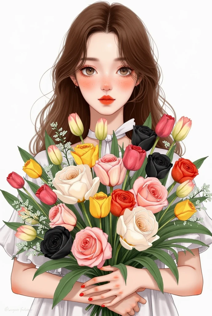 1girl,black rose,bouquet,bow,brown hair,camellia,flower,green ribbon,hibiscus,holding,holding bouquet,holding flower,ib \(ib\),leaf,long hair,looking at viewer,makeup,neck ribbon,orange flower,parted lips,pink flower,pink rose,purple rose,red flower,red rose,ribbon,rose,rose petals,simple background,solo,spider lily,strawberry,thorns,tulip,upper body,vase,white background,white rose,yellow rose