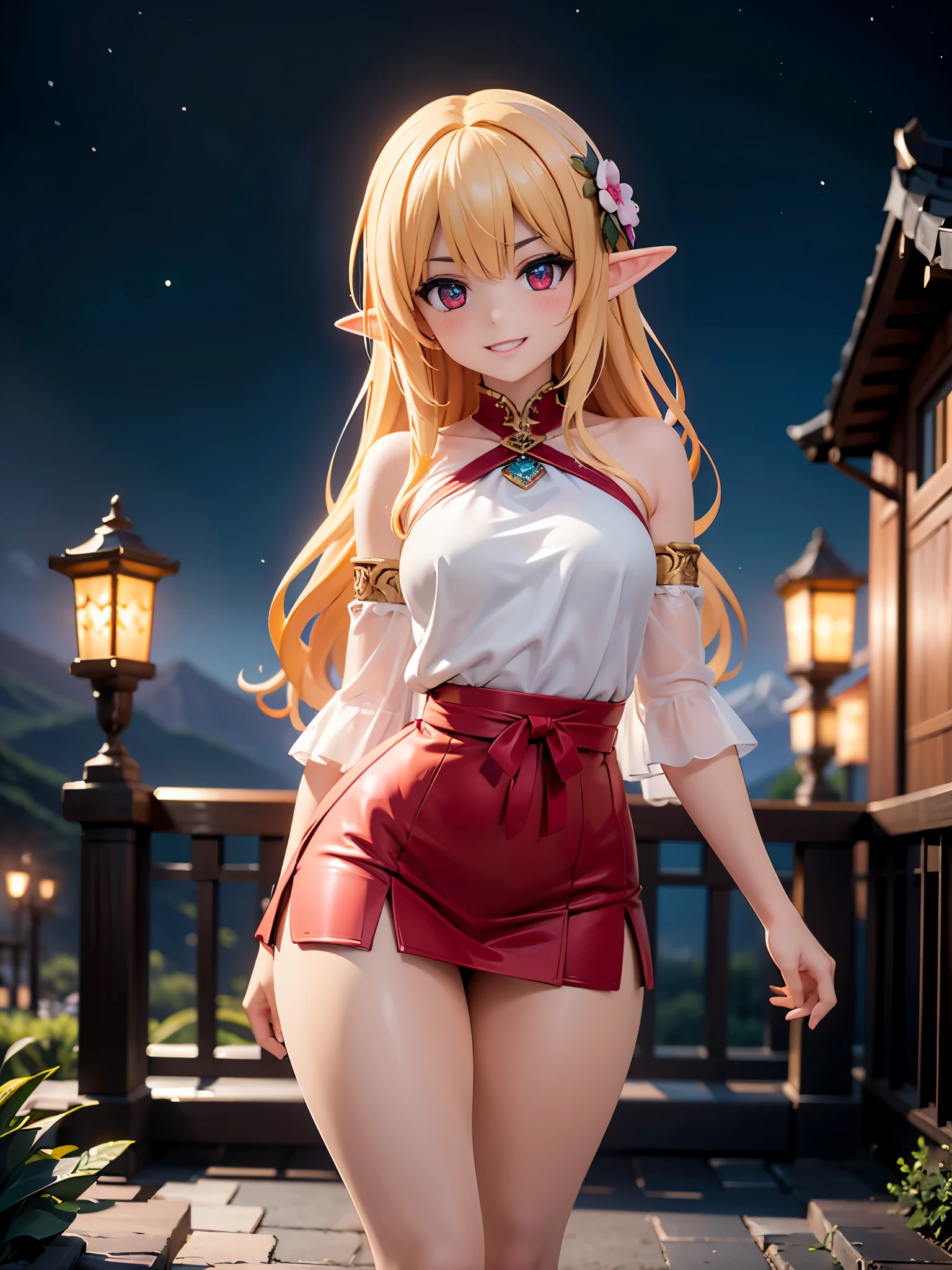 Detailed image of a beautiful elf laughing seductively, She wears a transparent robe and a pleated miniskirt. Looking at the camera blushing. Long wavy loose blonde hair, long thick eyelashes, Sharp seductive red eyes, Medium sized breasts, small waist, wide hips with beautiful thick thighs, large round buttocks, white skin. Night landscape of mountains, next to a temple. Volumetric lighting.