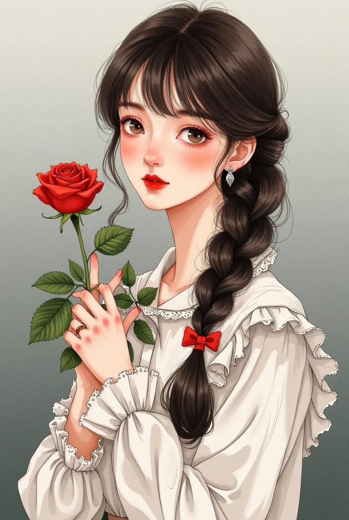 1girl,bangs,black hair,braid,brown hair,earrings,flower,frills,gradient background,grey background,hair over shoulder,holding,jewelry,long hair,long sleeves,looking at viewer,makeup,marker \(medium\),mechanical pencil,painting \(medium\),red flower,red lips,red rose,rose,shirt,single braid,sleeves past wrists,solo,traditional media,twin braids,upper body