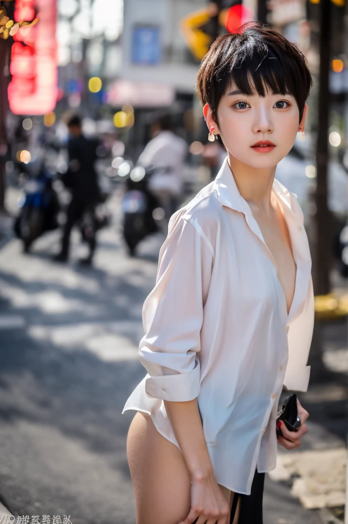 one woman aged 20 is the most beautiful actress, her short hair cut to above her ears, she is wearing the formal shirt and her lower body is naked, she is at the street, nsfw, best quality, highly detailed, masterpiece, ultra high res, photo realistic, 8k, RAW photo