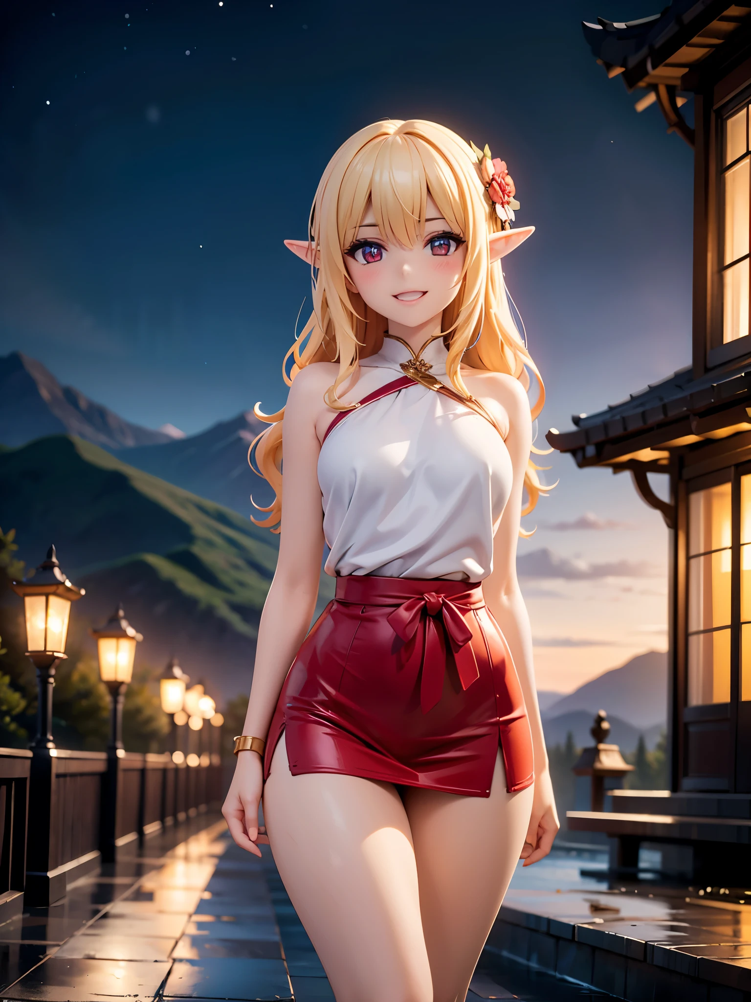 Detailed image of a beautiful elf laughing seductively, She wears a transparent robe and a pleated miniskirt. Looking at the camera blushing. Long wavy loose blonde hair, long thick eyelashes, Sharp seductive red eyes, Medium sized breasts, small waist, wide hips with beautiful thick thighs, large round buttocks, white skin. Night landscape of mountains, next to a temple. Volumetric lighting.