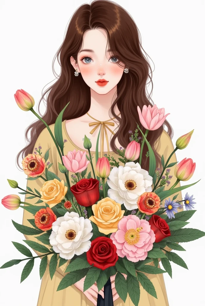 1girl,black rose,bouquet,bow,brown hair,camellia,flower,green ribbon,hibiscus,holding,holding bouquet,holding flower,ib \(ib\),leaf,long hair,looking at viewer,makeup,neck ribbon,orange flower,parted lips,pink flower,pink rose,purple rose,red flower,red rose,ribbon,rose,rose petals,simple background,solo,spider lily,strawberry,thorns,tulip,upper body,vase,white background,white rose,yellow rose