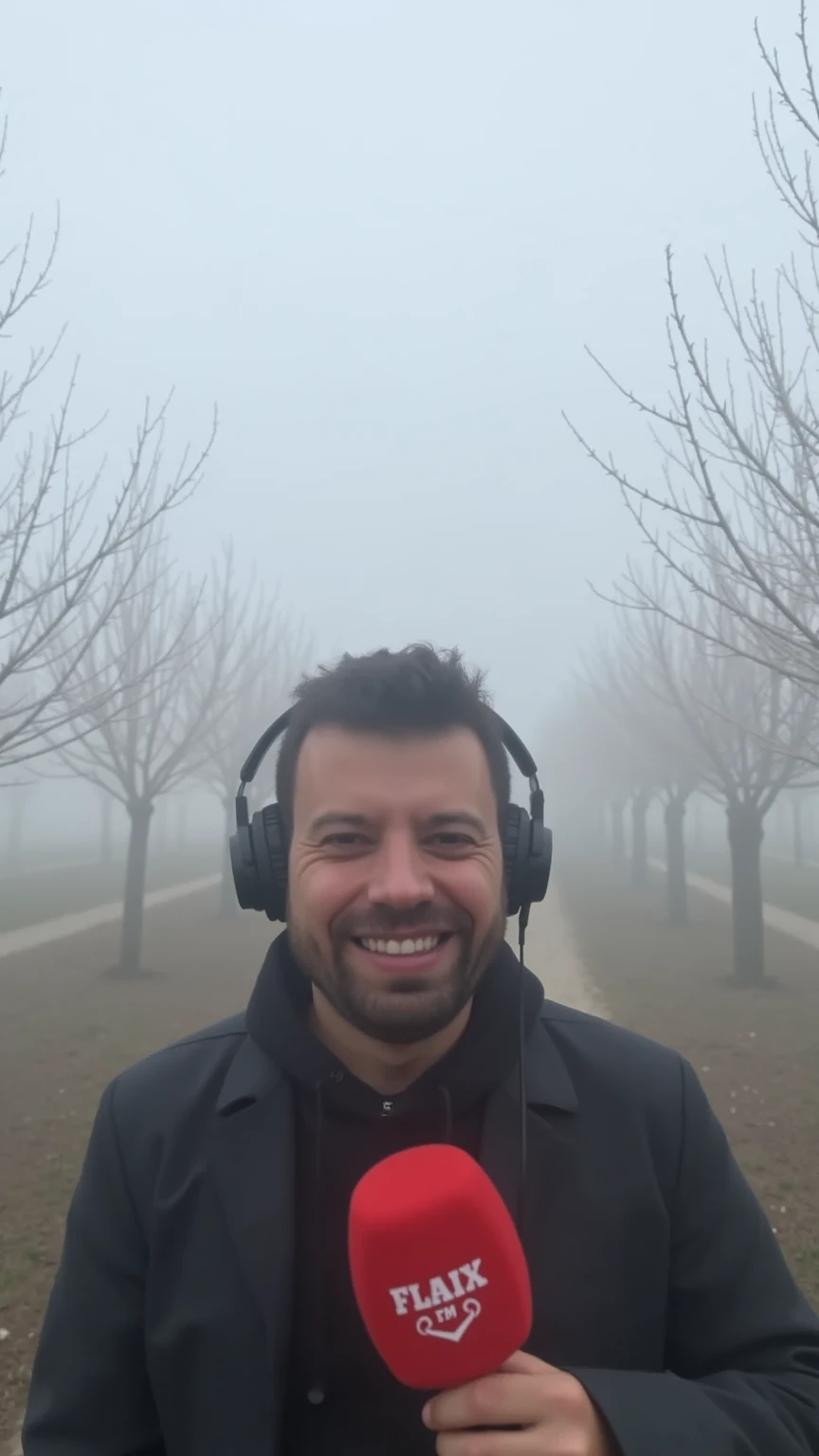 A man barely visible through extremely dense fog, standing in the middle of a winter peach orchard. The heavy mist obscures almost everything, revealing only faint outlines of the man’s head and hand as he holds a microphone with bright red foam. The text "Flaix Fm" is barely legible on the foam cover. The leafless peach trees are indistinct silhouettes in the fog, blending into the thick, ethereal atmosphere. The man wears headphones, his joyful smile partially hidden by the overwhelming mist. Ultra-dense fog, photorealistic, mysterious and atmospheric.
