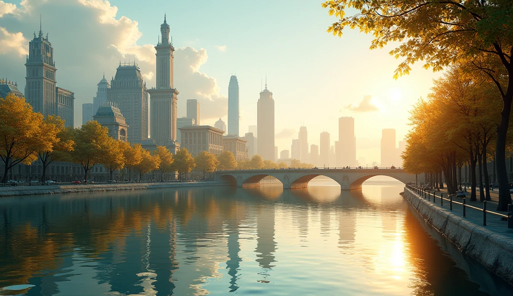 A river with a city in the background、The city reflected on the surface of the water、noon