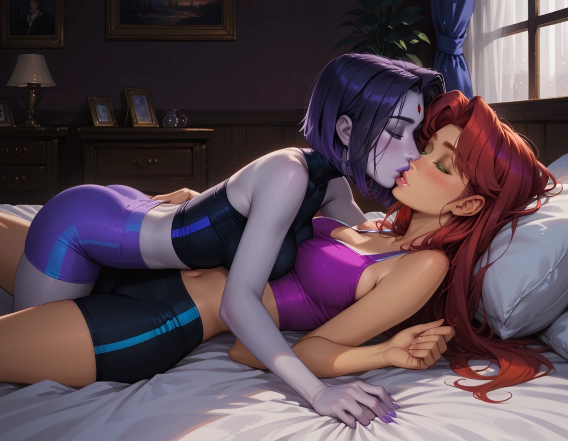 score_9, score_8_up, score_7_up, rating_questionable, epiCPhoto, 2girls, duo, couple, yuri, very sexy (Raven, short hair, tight yoga shorts:1.5), looking away embarrassed, blush, and (Starfire, long hair, tight yoga shorts:1.4), topless, (focus on lips, after the kiss, lips close together:1.5), (laying in bed, embracing:1.4), beautiful, graceful, elegant, beautiful scene, soft romantic lighting, in love, flirt, gaze, sexy look, eyes half-closed, head tilt, filled lips, thick lips, dark, moody, (dimly lit:1.4), highly detailed, sexy scene, perfect hands, (Hand, detailed, perfect, perfection, hands:1.2), perfect proportions, absurdres, 4k, masterpiece, best quality, side view.