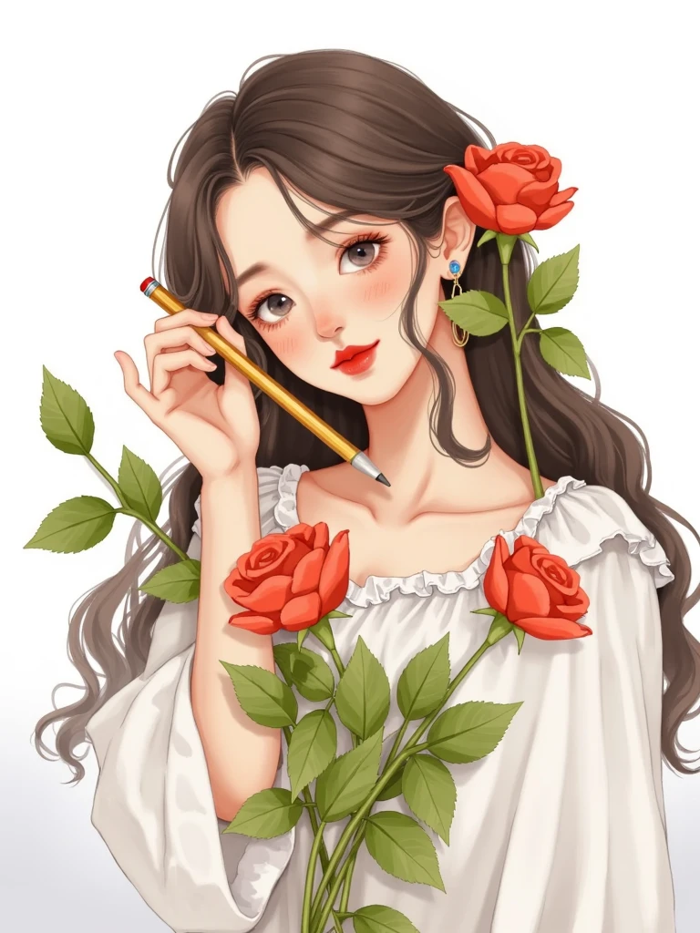 1girl,bangs,black hair,braid,brown hair,earrings,flower,frills,gradient background,grey background,hair over shoulder,holding,jewelry,long hair,long sleeves,looking at viewer,makeup,marker \(medium\),mechanical pencil,painting \(medium\),red flower,red lips,red rose,rose,shirt,single braid,sleeves past wrists,solo,traditional media,twin braids,upper body