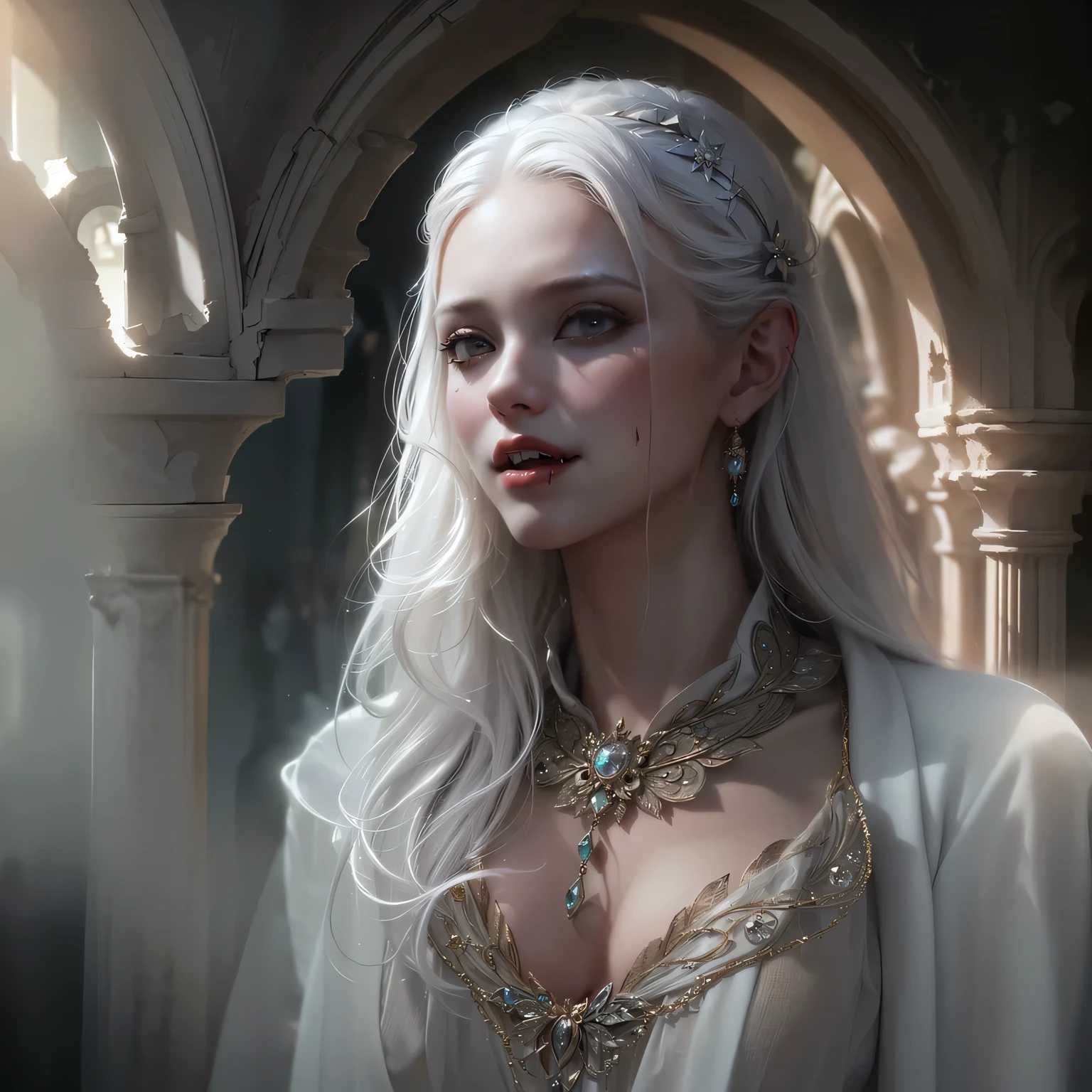 (award-winning masterpiece galore, incredibly detailed, textures and maximum detail), (hyper realistic:1.4), (realistic:1.3), (full body image:1.7), (upper body close-up:0.3), (top quality realistic textured skin), (vampire)、 (2 thick, long, sharp vampire teeth protruding from lips: 1.7), (fine, circular, symmetrical eyes), (fine, beautiful face: 1.6), (aesthetic and decadent image: 1.6), (pale but fair skin and face: 1.6), (decadent and delicately made accessories: 1.6), (decadent and delicately made accessories: 1.6) (Elegant, finely carved medieval rooms and furniture: 1.8), (Bioluminescent bright red eyes: 1.7), (Degenerate beauty: 1.6), (Red eyes with strong red light from inside: 1.7), (Wedding dress is quite damaged, but the dress is elegant and delicately made: 1.6), (Elegant, beautiful skin and face: 1.6), (Wedding gown is quite damaged, but the dress is elegant and delicately made: 1.6), (Elegant, beautiful face: 1.6), (Elegant, beautiful face: 1.7), (Wedding dress is quite damaged, but the dress is elegantly made: 1.6) (Wedding dress is quite damaged, but elegantly and delicately made: 1.8), (Elegant and extravagantly made accessories: 1.8), (Less skin showing: 1.5), (Strong moonlight coming from outside: 1.7), ((dramatic photo)), ((cinematic light)), (Full body portrait: 1.7), (Looking up ), (looking down), (dramatic pose), (smoke effect and mesmerizing light:1.4), beautiful white hair, beautiful silver hair, beautiful blond hair, wind effect, (purple smoke drifting: 1.3), ruins of old castle, royal crypt, (dilapidated mansion: 1.6), ((dark night, night with full moon, new moon)), epic realistic, faded, ((neutral colors)), art, (HDR:1.5), (muted colors:1.2), highly detailed, (art station:1.5), cinematic, warm light, light effects, dramatic light, (complex details:1.1), complex background, (greg latkowski:0.8), (teal and Orange:0.4), Complex background
