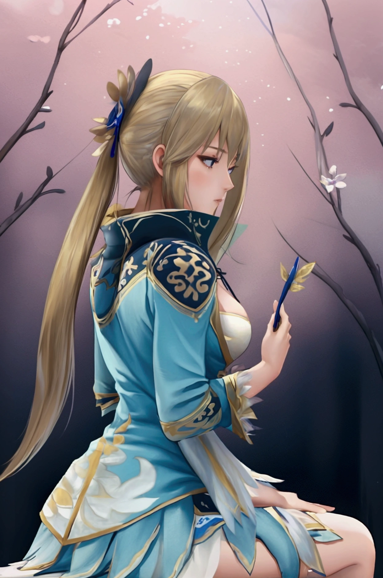 Wang Yuanji, outside a beautiful western mansion, sitting,holding a feather pen, writing a poem, wearing a western hat,  blue eyes,calm,blonde hair,beautiful scenery,colourfulMasterpiece, Best Quality, 