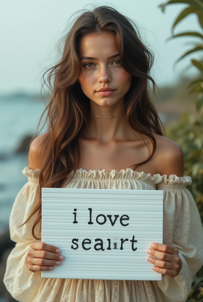 Beautiful girl with wavy long hair, bohemian dress, holding a white board with text "I Love Seaart Infinity" and showing it to the viewer