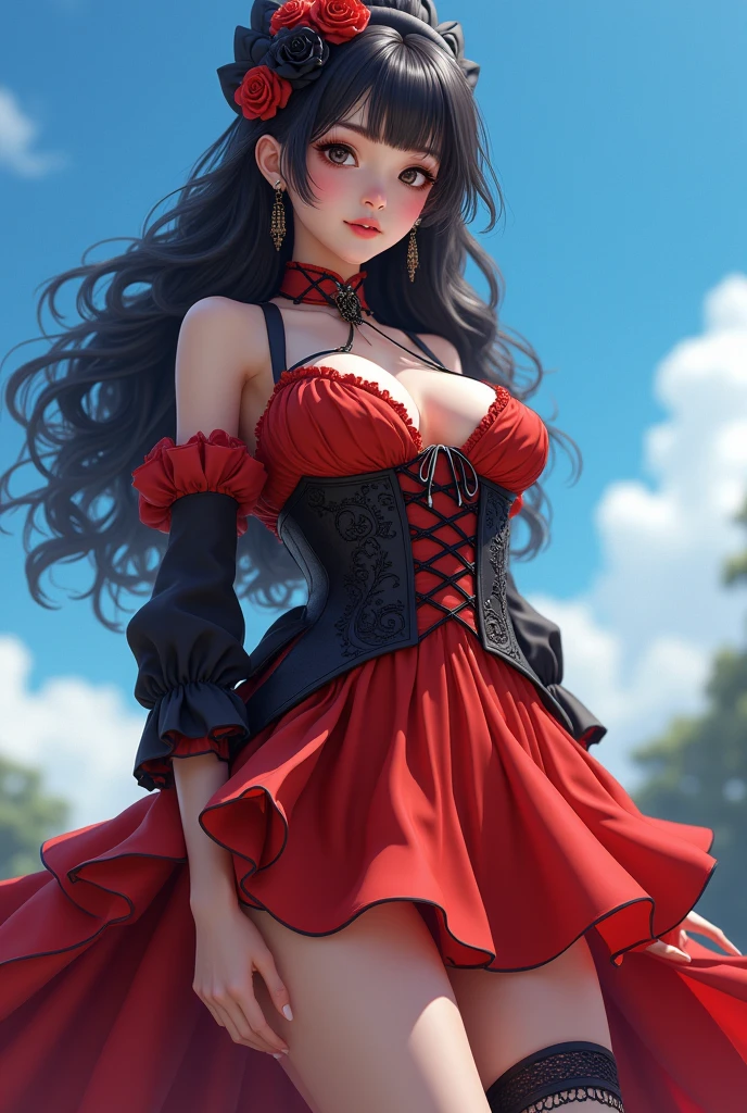 Large breasts, ((1 beautiful girl)) ((black hair, wavy color degrader)), flowing hair, red eyes, light effect on the eyes, sexy red skirt dress with ruffles at the edges, parted lips, blush, ((hyper detailed, ultra full HD, superior quality, perfect lighting)) night, climbing rose bushes, sun, sunlight, big breasts, leaning against the wall where rose bushes are, her beauty is that of a goddess of love, she is also a prostitute