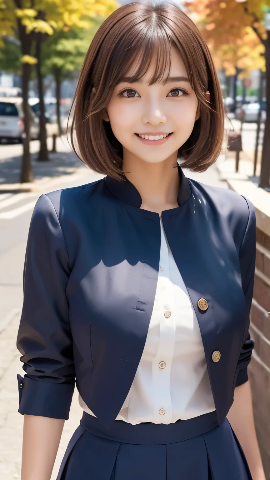  navy blue skirt、dark blue jacket without buttons、Arabian Asian Woman, Sakimi-chan、Beauty、Eye Makeup、 Navy blue business skirt,  white business shirt 、 black pantyhose、wearing, Small face、 slender figure、 Big Breasts 、 Big Breasts、シャツを着てても目立つBig Breasts、 light brown hair、 hairstyle is a short bob、 bob cut from the front、Peace looking at the camera with a smile、A city with bright fall foliage in the morning sun