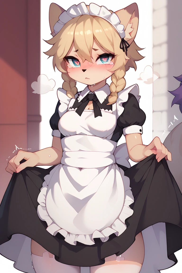  1 girl,  high definition ,  gaze,  blush,  opening slightly,Droopy eyes,  expression that makes you want to cry,  Heart Shaped Eyes , maid, maid clothes,maid apron, maid headdress,frilled skirt, lift the hem of the skirt, clothes lift, skirt lift
{{furry}} (steam:1.1),(wet:0.8),(trembling:0.8),(tears:0.7) ,(drooling:0.6),(sweat:0.8), {{look at viewer}}}lower body, looking up胸,  background blur , 