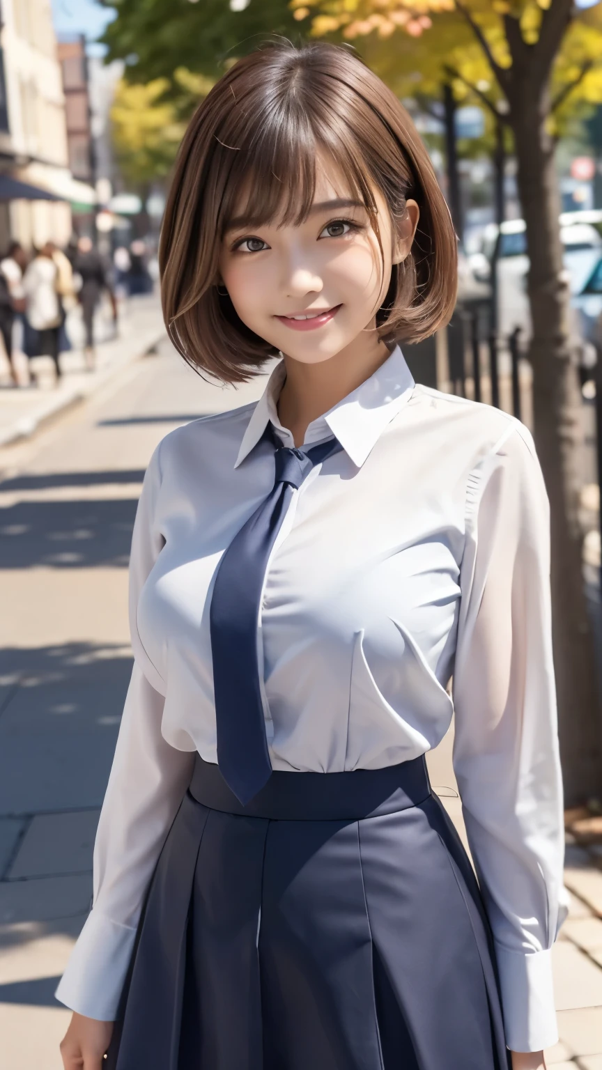 navy blue skirt、dark blue jacket without buttons、Arabian Asian Woman, Sakimi-chan、Beauty、Eye Makeup、 Navy blue business skirt, white business shirt 、 black pantyhose、wearing, Small face、 slender figure、 Big Breasts 、 Big Breasts、シャツを着てても目立つBig Breasts、 light brown hair、 hairstyle is a short bob、 bob cut from the front、Smiling at the camera、A city with bright fall foliage in the morning sun