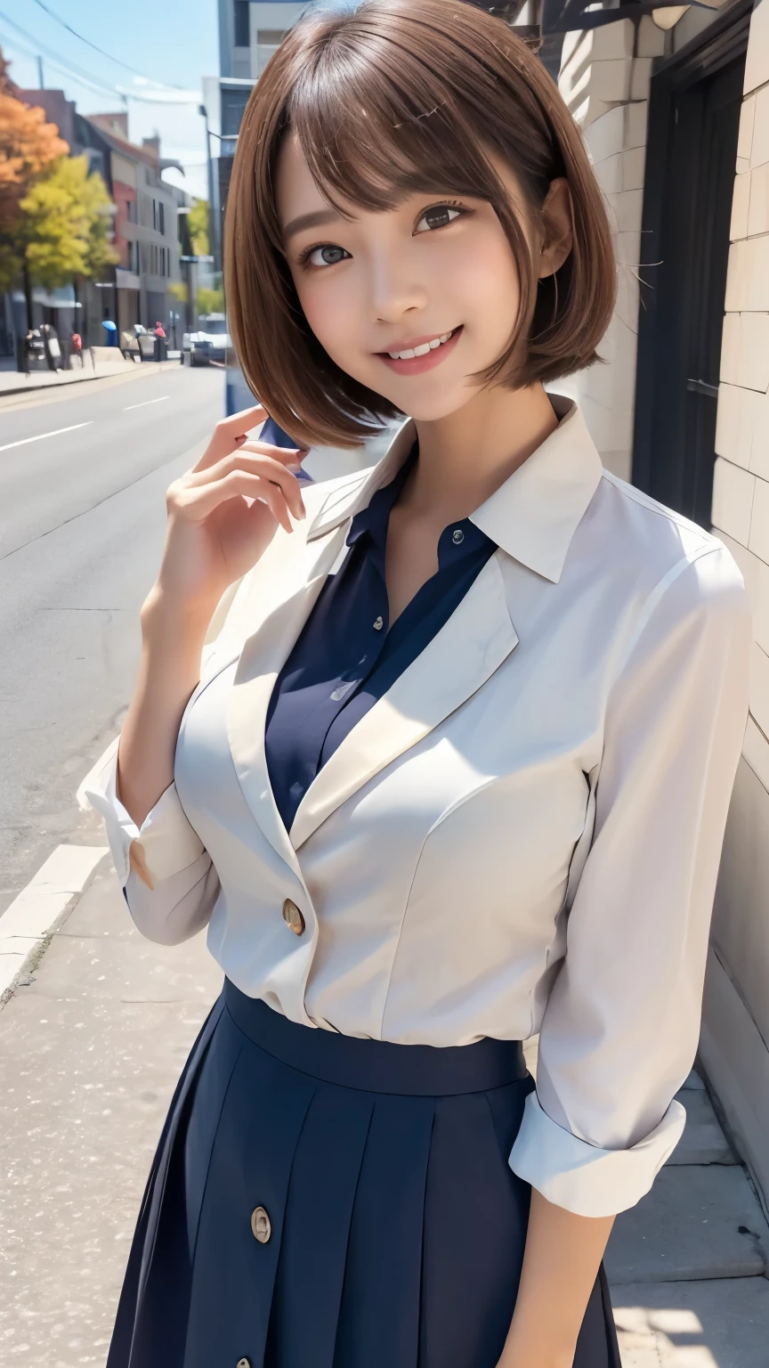  navy blue skirt、dark blue jacket without buttons、Arabian Asian Woman, Sakimi-chan、Beauty、Eye Makeup、 Navy blue business skirt,  white business shirt 、 black pantyhose、wearing, Small face、 slender figure、 Big Breasts 、 Big Breasts、シャツを着てても目立つBig Breasts、 light brown hair、 hairstyle is a short bob、 bob cut from the front、Smiling at the camera、A city with bright fall foliage in the morning sun