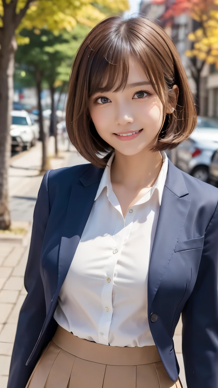  navy blue skirt、dark blue jacket without buttons、Arabian Asian Woman, Sakimi-chan、Beauty、Eye Makeup、 Navy blue business skirt,  white business shirt 、 black pantyhose、wearing, Small face、 slender figure、 Big Breasts 、 Big Breasts、シャツを着てても目立つBig Breasts、 light brown hair、 hairstyle is a short bob、 bob cut from the front、Smiling at the camera、A city with bright fall foliage in the morning sun