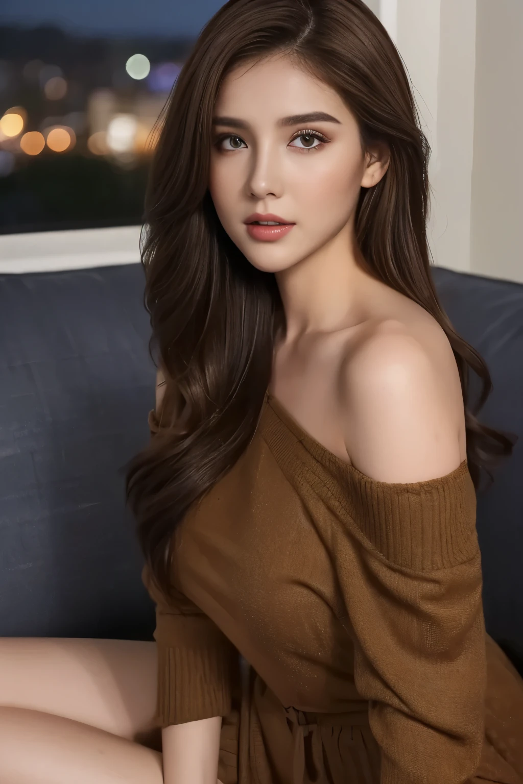 ((Night view, realistic light, best quality, 8k, masterpiece: 1.3)), 1girl, pretty woman with slim figure: 1.4, (brown hair: 1.3), off-the-shoulder cut top: 1.3, sofa, super detailed face, detailed eyes, double eyelids