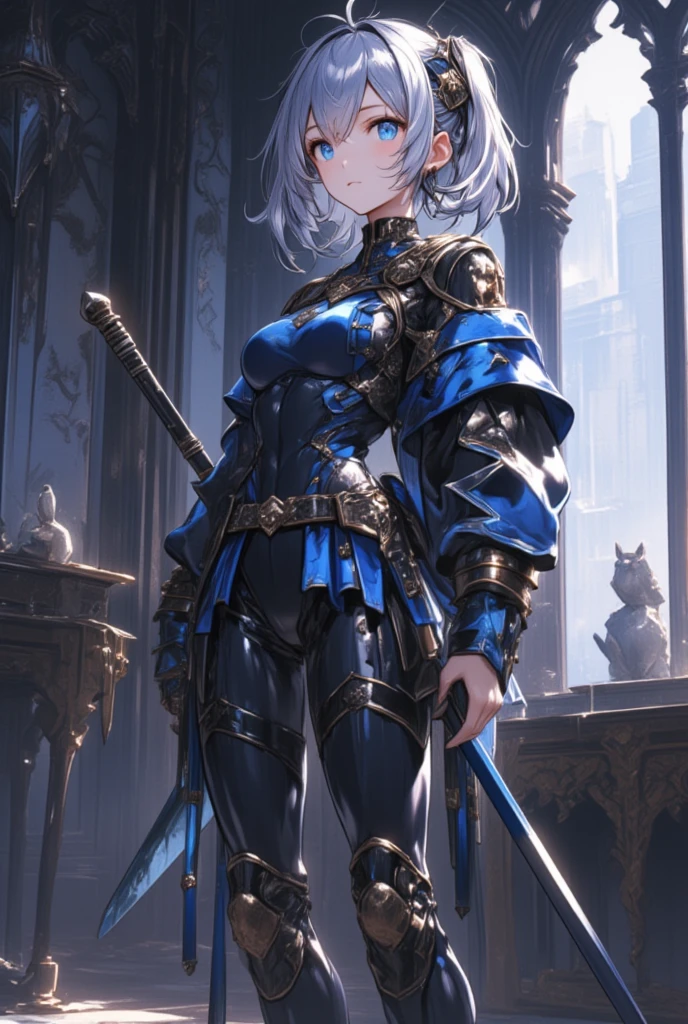 Make a 'kitbash' of Lenneth from 'Valkyrie profile' and 2B from 'Nier: Automata', combine 2B and Lenneth, solo, 1girl, BREAK: ((bright sapphire blue mech4rmor)), (small boob window:1.3), thigh cutout, long skirt, (blindfold:1.27), wings, BREAK: standing contrapposto, (holding glowing sword), light smile, BREAK: plains, castle, BREAK: (better hands, best hands,) (insanely detailed, masterpiece, best quality), strong_negative