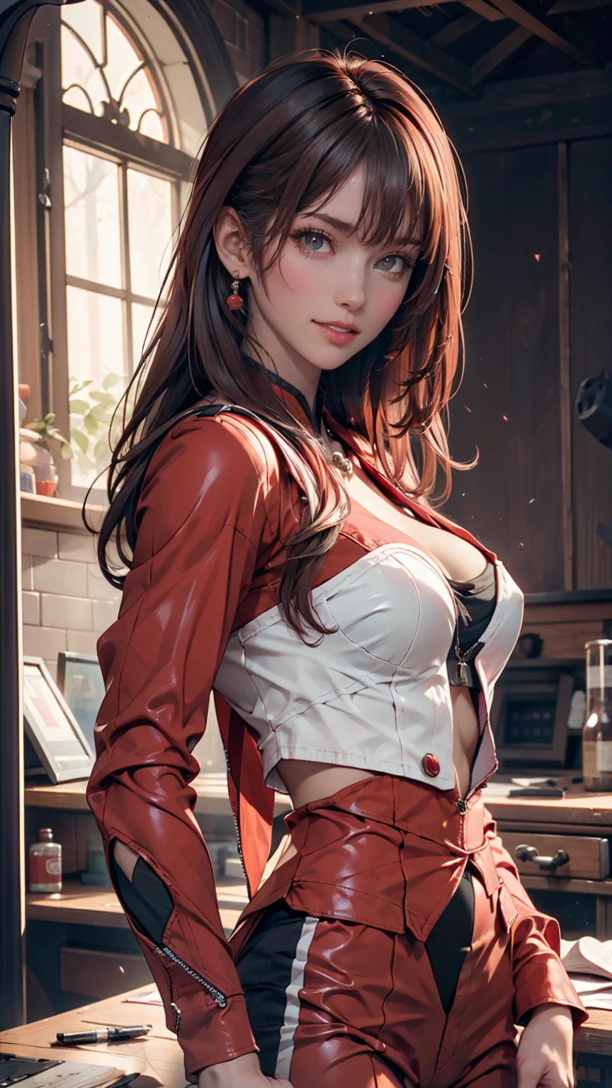 Una calidad de imagen ultraalta, Super detail, Super high resolution, mujer de cabello rojo, hermosa perfecta, Bandeja blanca brillante para un solo cabello, Pelo tirado, grandes ojos azules, anteojos, seductor, wet, labios grandes y gruesos, loving expression, lewd expression, proporciones perfectas, esbelto, (traje rojo, camisa, chaqueta roja, falda ajustada roja, pantimedias negras), Stand proudly in front of the blackboard, crass room, Professional lighting
