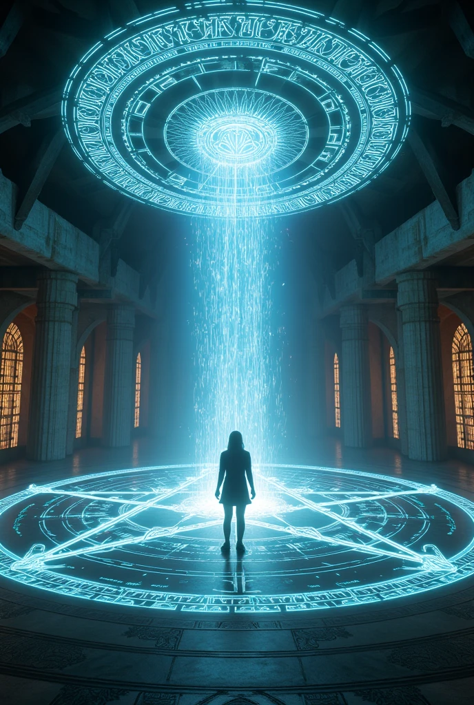  best quality, amazingly absurd,  Very detailed,  huge magic circle on the floor and ceiling ,  electromagnetic waves erupt with pale light shining ,  spell letters that look like holograms, Shape,  silhouettes appearing and disappearing , Bright light in the background 