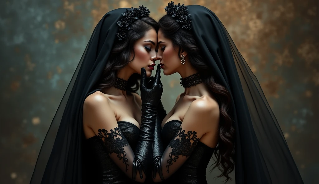 coquette funeral gothics, shallow depth-of-field, two exhausted intertwined gothic burqa gothics kiss closer while wearing a latex liquid-lacquered jilbab, lewd lesbians together petting too sensually excited, wear enormous glossy shimmering eyeliner eyeshadows lipstick blush rouge makeup, sparkling liquid-lacquered wrap blouse with button-front gothic glossy latex liquid-lacquered jilbab, enormous glittery eyeshadows & lipstick, 'very strongly colored eyelids with broad wide big glossy eye-shadow & enormous glossy eyeshadows' & 'thick eyebrows', wearing a smooth transparent 'glossy satin latex' purple satin iridescent blouse with ruffles & 'gold pleated glossy liquid-lacquered latex' glossy skirt with button-placket, adorned with a pleated purple reflective mirroring satin, with button-placket & dark-brown shiny mirroring gloves, golden long-sleeved floor-length glossy satin vest with a button-placket & glossy brown latex long-tunic shimmer wetlook glitter leggings & latex jilbab with high-collar blouse