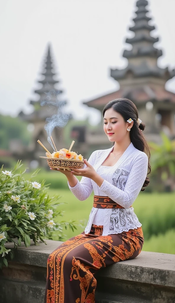 a girl wearing white kebaya bali and eating dimsum with chop sticks. ((Bali temple Background)), temple background