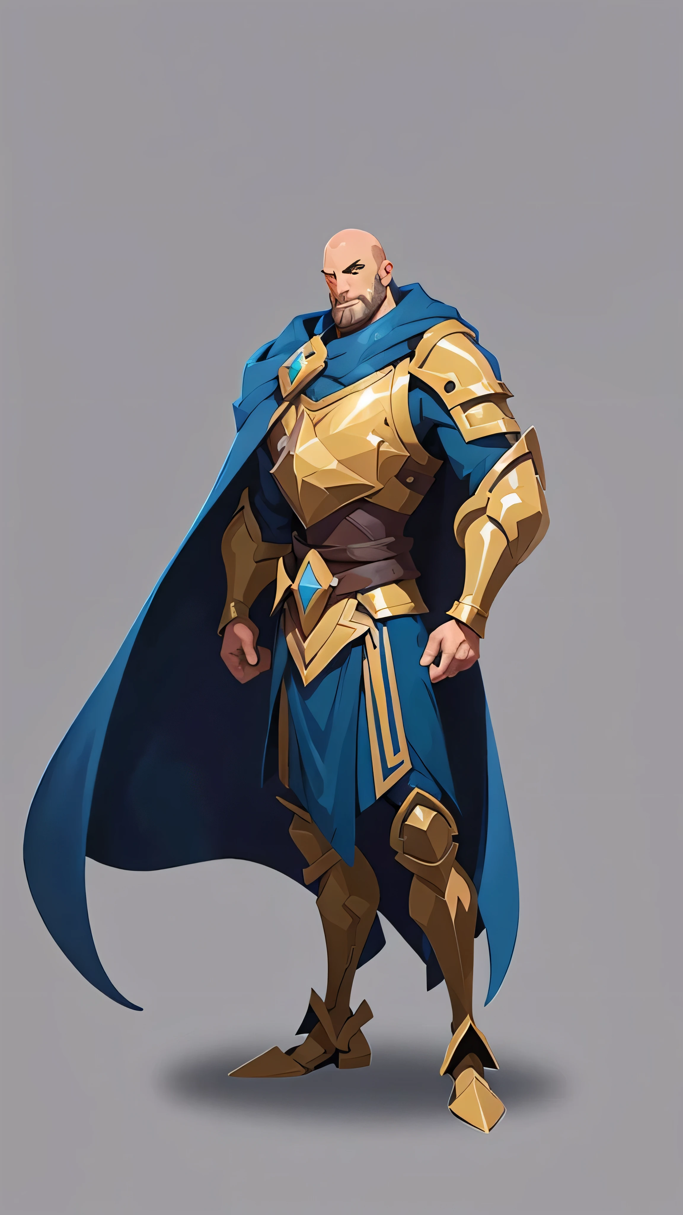 mstoconcept art, european and american cartoons, game character design, solo, 1BOY, PALADIN, MALE human, CLEAN FACE, GRAY BACKGROUND, PALADIN, FULL BODY, STANDING, grey silver armor, blue cloak, YOUNG, bald, black beard, (((detailed))), (((high resolution)))