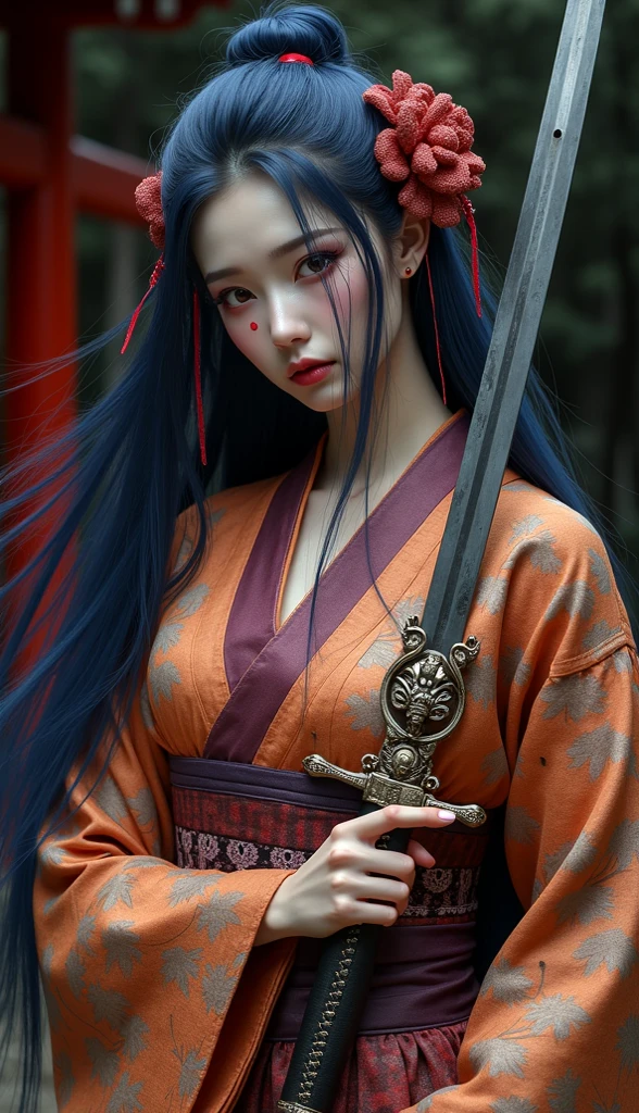 Create a photorealistic full-body image of a female character inspired by the medicine seller from 'Mononoke' in the 'Karakasa' arc, as if it were from a live-action adaptation. She has long, flowing black hair styled elegantly, and her face is adorned with traditional geisha-style makeup. Include the same sharp, artistic orange eye makeup with small red gems near the eyes, and a delicate pink lip color. She is holding a sword inspired by the Taima sword from a specific reference image, with intricate designs and a demonic face on the hilt. The woman is dressed in a traditional yet intricately designed kimono with rich, textured fabrics, blending deep reds, purples, and golds. The background depicts a traditional Japanese setting with a supernatural atmosphere, such as a haunted temple or a misty forest. The overall mood should be mysterious and eerie, capturing the full essence of the character in her environment.