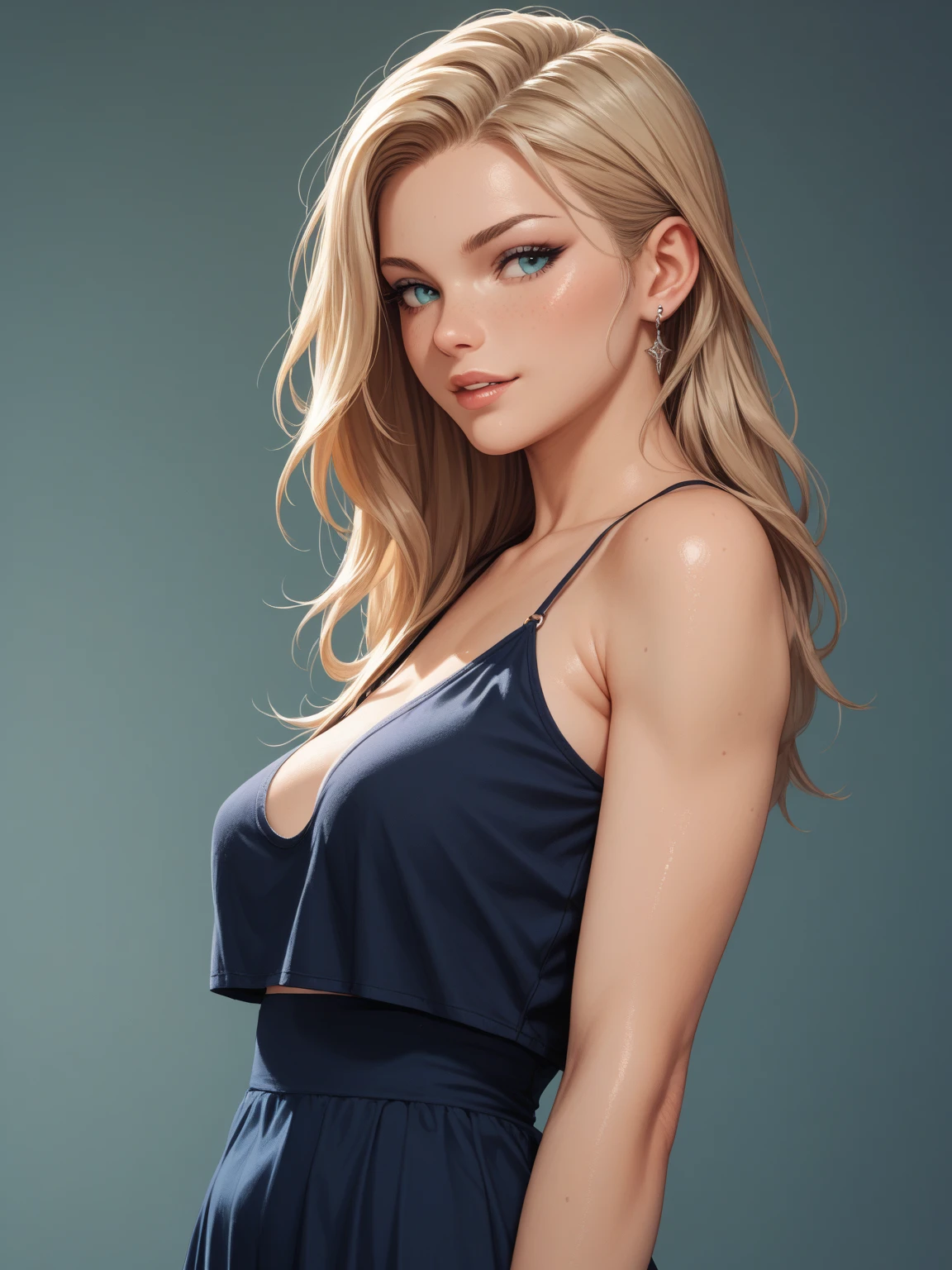 A 10 year old with long blonde hair and green eyes, Alone showing off in a Gothic-style photo, in with mini skirt. Naked.full