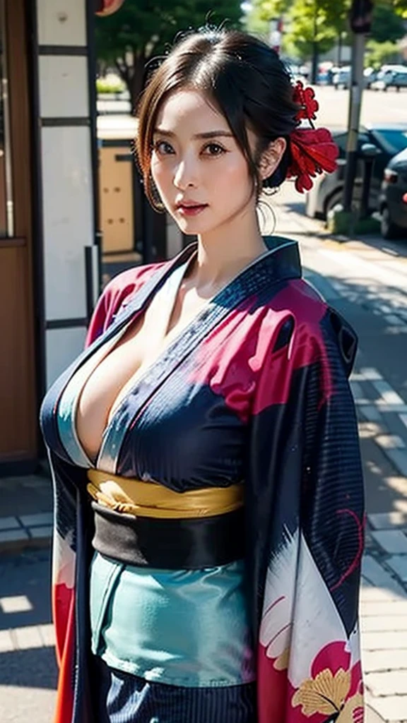 ((realistic:1.2)),masterpiece,  best quality,  high definition , 1girl 22 Ahoge Hair Accessory, ((kimono:1.4)) ,((Huge Breasts))