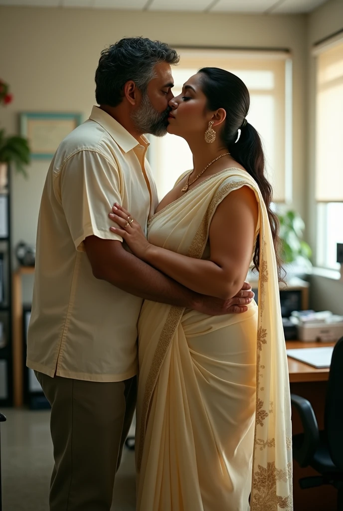 a beautiful South Indian 25 year old plus sized teacher (wearing white colour silk night gown and bra) in a office, affectionately hugging a 60 year old man, full body image