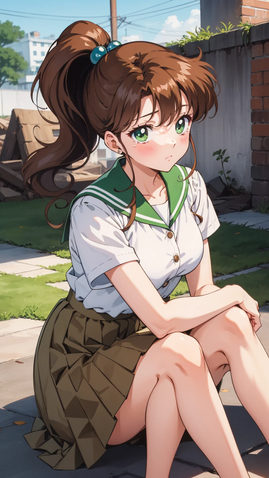 Best Quality,  high resolution on down, 1990s \( style \), retro art style , 1990s anime cels  style , Brown uniform,  brown pleated skirt ,  ponytail,In the schoolyard、Light green eyes、  sitting on the floor with her knees open ,  ponytail, (Torn clothes、)、Dynamic、Ruins where Fighting 、Torture scene、 torture room、Woman being tortured、tears、blush、 sad