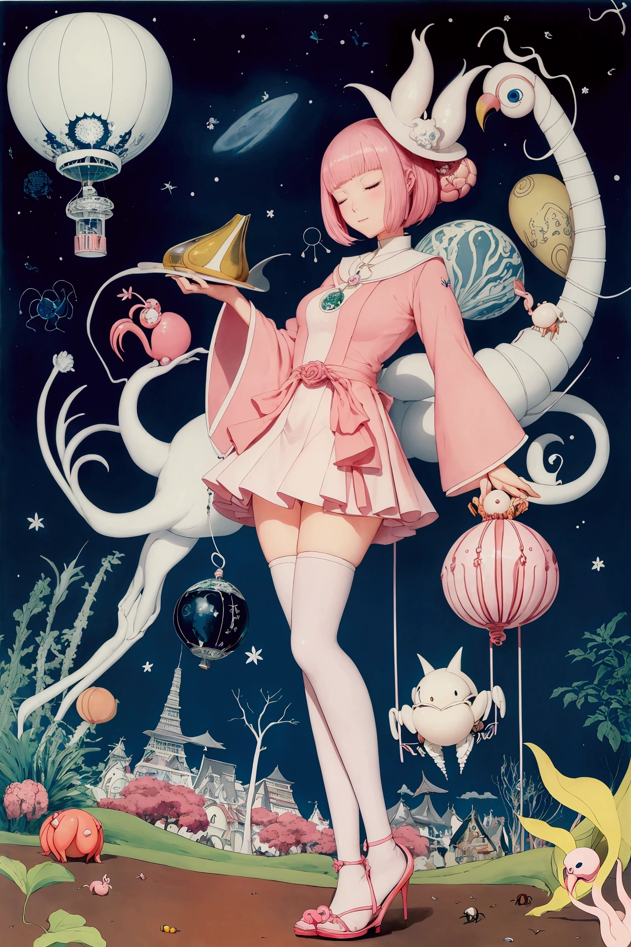 Kay Nielsen, Maurice Sendak, Satomi Ichikawa, Tom Seidmann Freud, Felicitas Kuhn, Surrealism, wonder, strange, bizarre, fantasy, Sci-fi, Japanese anime, Physalis balloon, bucket hermit crab, upside down Tokyo Tower, pink flamingo standing on one leg, miniskirt beautiful high school girl sleeping on the ground, perfect voluminous body, detailed masterpiece Hyper realistic sharp focus fun happy embarrassing blushing cute shy coquettish 