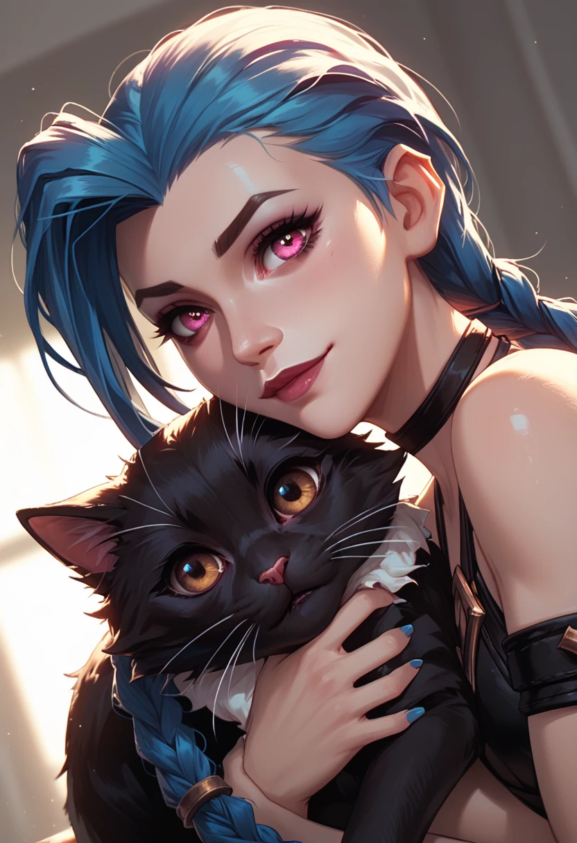 jinx from league of legends, snuggling a black cat in her arms, looking at the viewer. she has pink eyes and long twin braids while the cat has brown eyes. dutch camera angle, close up, warm lighting for the adorable and whimsical mood.