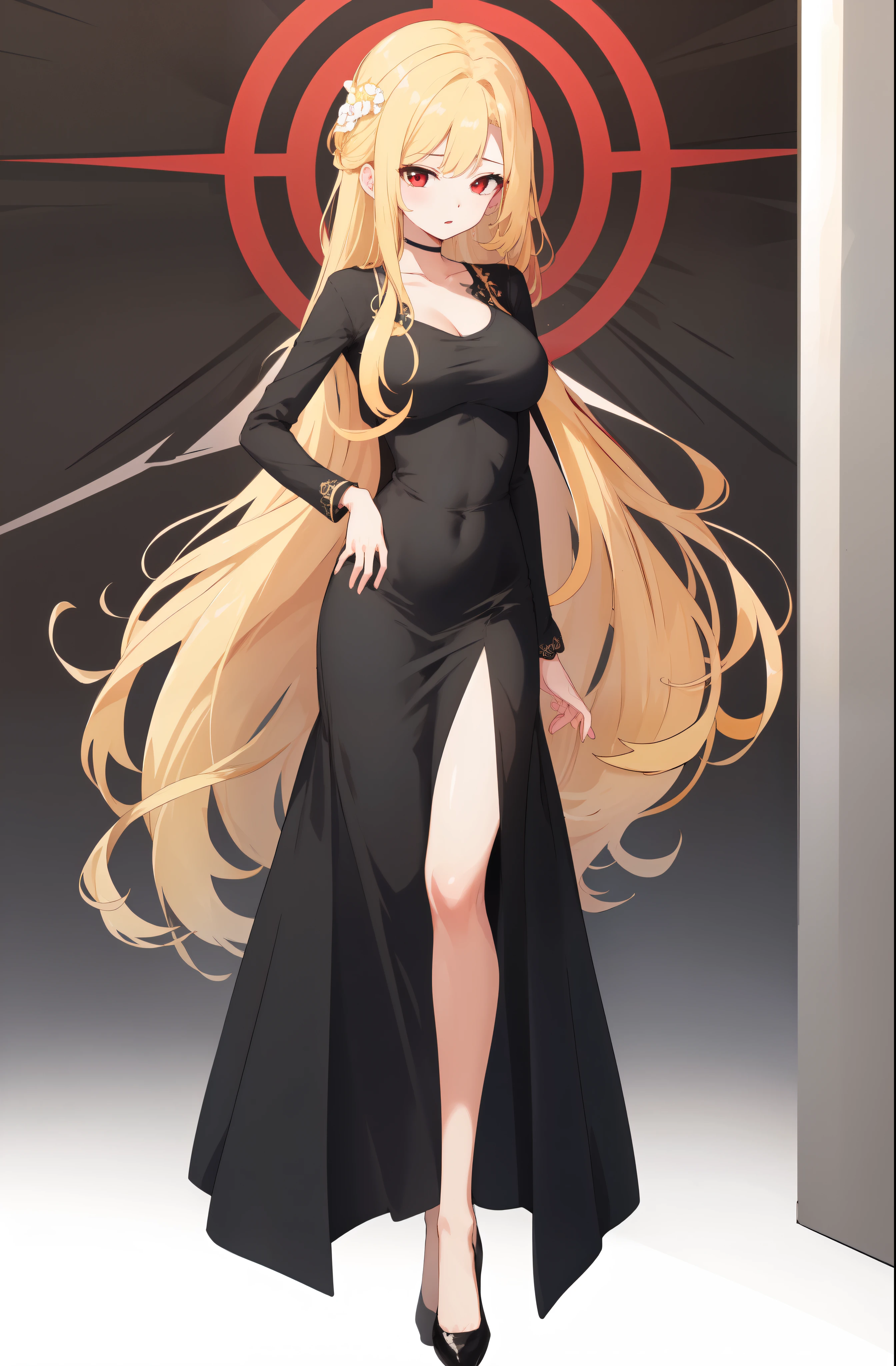 masterpiece, dress, black dress, Black dress, Black Dress, dongtan dress, Dongtan dress, Dongtan Dress, black dongtan dress, Black dongtan dress, Black Dongtan Dress, highres, Super detailed, very detailed, highest quality, best quality, super detailed, standing, high quality, high-definition, extremely detailed, (large breasts), mature female, Full body drawing, straight body, slender body, Slender body, Slender Body, (masterpiece), (best quality), (hyperdetail), (illustration), ((extremely delicate and beautiful)), (detailed light), (prefect's body), full body drawing, 1 girl, 1 Girl, one girl, One girl, One Girl, {{{{{long hair, Long hair, Blonde hair, blonde hair, blonde, Blonde, Red eye, red eye, Red Eye, binyeo, Binyeo}}}}}, sexy, sexy belly line