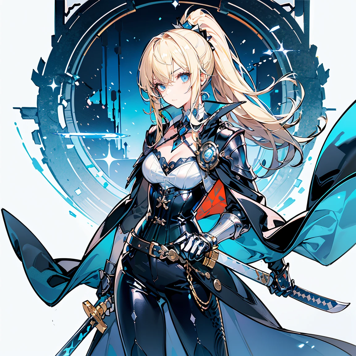 masterpiece,best quality,(woman solo),cool face,blonde hair, ponytail,blue eyes,sharp bangs,slanted eyes,(cleavage),(detachable collar),cloak with a stand-up collar,collarbone,bare skin,Collared Neckwear,medium bust,(knight),knight corset,knight belt,(cape),coat,arm sleeves,white gloves,(cowboy_shot),(gripped the hilt of a western sword:1.3),(blue color costume),