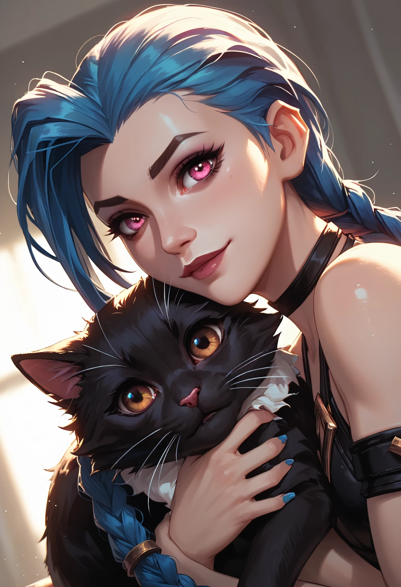 jinx from league of legends, snuggling a black cat in her arms, looking at the viewer. she has pink eyes and long twin braids while the cat has brown eyes. dutch camera angle, close up, warm lighting for the adorable and whimsical mood.