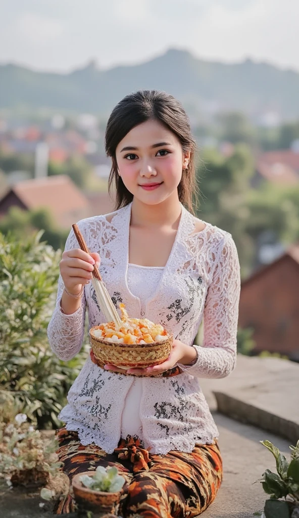 a girl wearing white kebaya bali and eating "Rumia" dimsum with chop sticks. ((Juwana City Background)), Town background