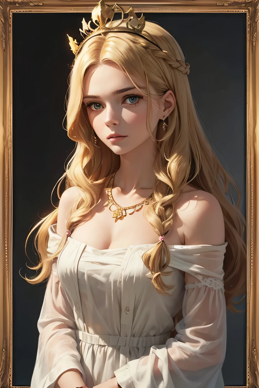 (8k, RAW Photo, Best Quality, Masterpiece: 1.2), Model Shot Style, (Dark Shot: 1.5), Charming Woman with Blonde Soft Hair, (Victorian Style: 1.2), Victorian Dress with Fine Details, Long Curly Hair, Dramatic pose, (soft warm skin with wax effect: 1.3), soft, (shiny lips and nose tip with bright small glare: 1.4), (bright highlights: 1.6), detailed eyes, (soft volumetric light: 1.5), (subsurface scattering: 1.5), wax, (night light: 1.6), global illumination, Soft Shadows, (dark background with cool lighting: 1.0), bokeh, Charlie Bowater, stanley artgerm lau, a detailed painting, fantasy art, artstation , trends on Artstation, art like midjourney and Rutkowski, super detailed, crazy details, intricate details, (oil painting: 1.5), (digital art: 1.5), glare on the cornea, Round Pupils, Refraction, Screen Space Reflections, Screen Space Ambient Occlusion, (HDR: 1.4), Full Body Shot, (Gold Jewelry with Amber Gems: 1.1)