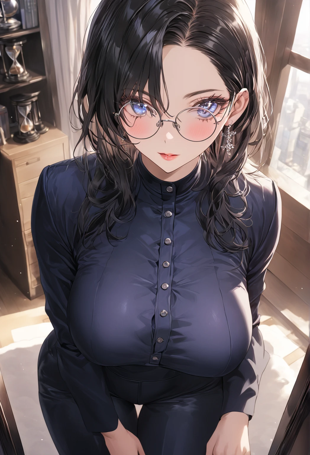 ((Highest quality)), ((masterpiece)), (detailed), (front view), (one girl), sexy, shiny skin, glossy skin, height 168cm, bust 120cm, medium size breast, hourglass body, housewife, black hair parted bangs, A mother with blue eyes, Wearing round glasses, Looking at the viewer with gentle eyes, wearing a fitted blazer over a soft blouse with a modest neckline, paired with tailored, high-waisted pants in a sleek, neutral tone. The outfit has subtle, elegant details like delicate buttons and understated jewelry, giving her a refined, professional appearance suitable for an office setting. The fabric is slightly translucent in the sunlight.
