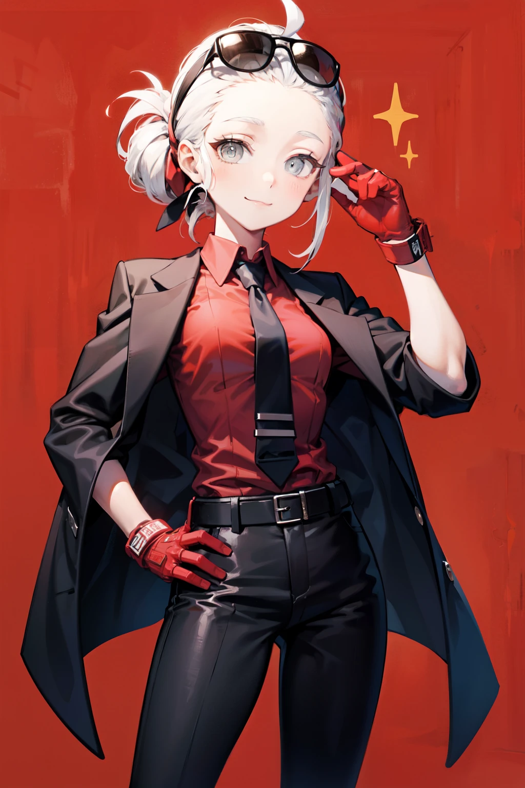 justice(helltaker), smile, pants, black pants, white hair, red background, belt, sparkle, red shirt, eyewear on head, looking at viewer, medium breasts, necktie, tie clip, sunglasses, simple background, black necktie, shirt, closed mouth, 1girl, grey eyes, black belt, white eyes, black jacket, solo, collared shirt, gloves, blind, jacket, jacket on shoulders, short hair, hand on hip