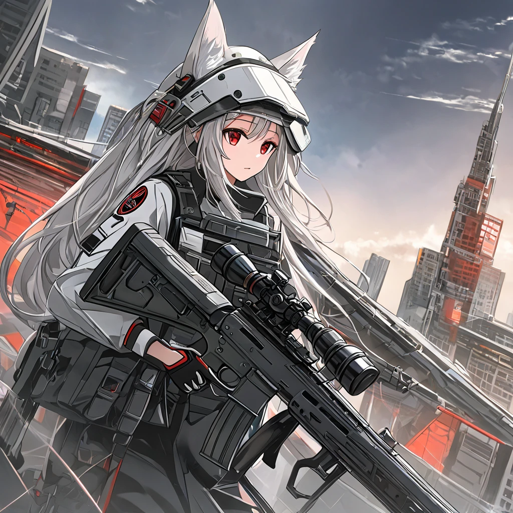 1woman,Long_white_Tied_up_hair, Fox Ears, Red eyes, Wearing a Black_militech_uniform, Carrying a m24 sniper rifle, Futuristic themed, A futuristic war city