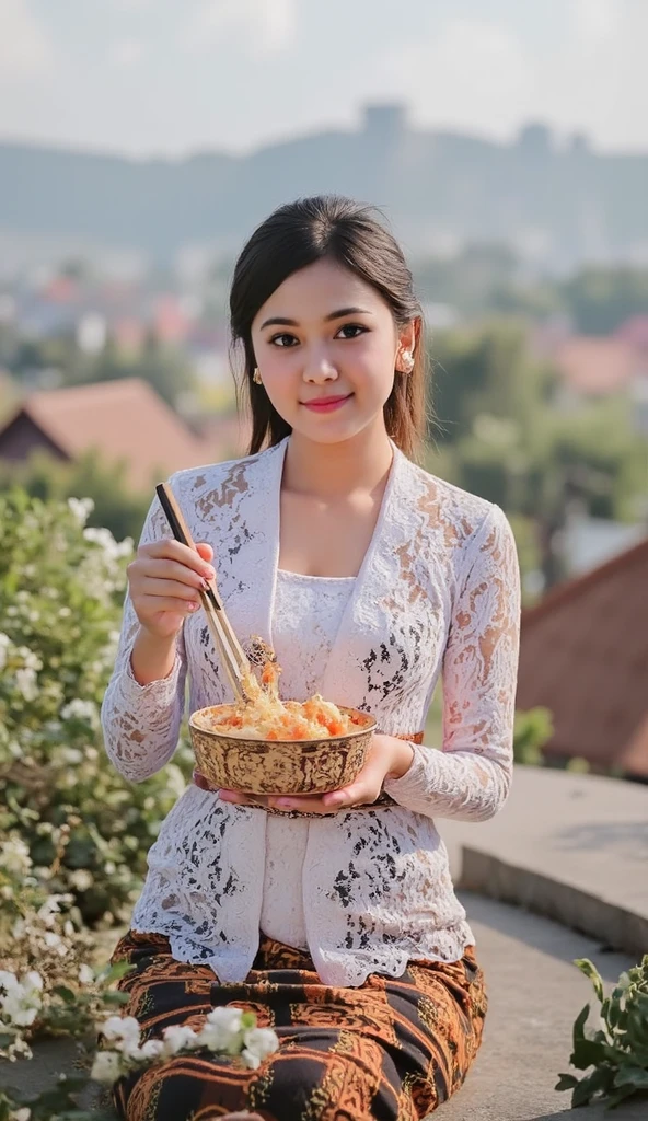 a girl wearing white kebaya bali and eating "Rumia" dimsum with chop sticks. ((Juwana City Background)), Town background