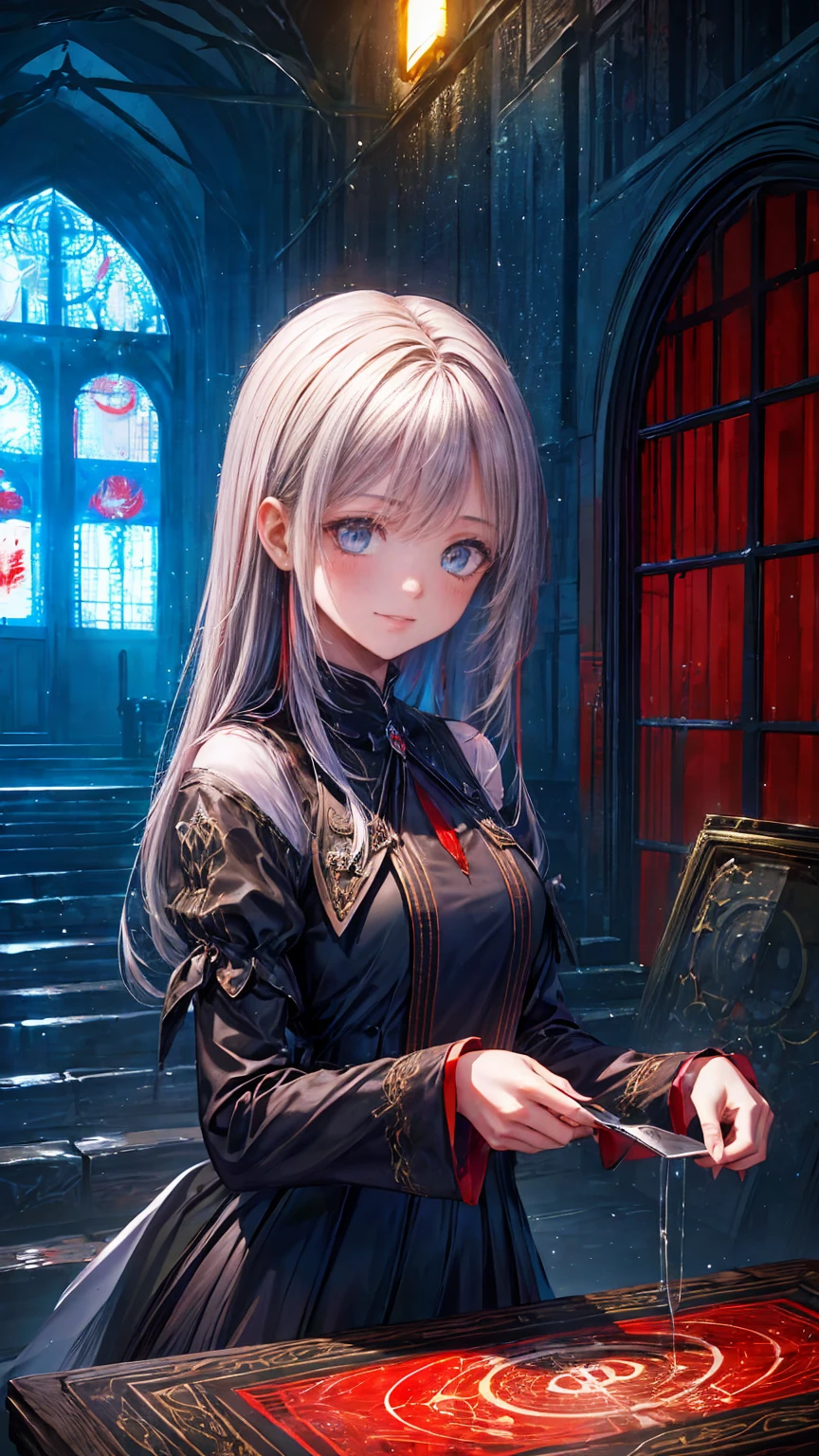  Very detailedな壁紙 ,  Very detailed, Detailed Shadows,  very accurate and detailed,  Very detailedな 8K 壁紙, Very beautiful 8K CG wallpaper,Old ruined church. .  Her Black Dress Is Torn ，There are stains in many places. Her Grey Hair is dull, Long and Disturbing.  Light shines through a stained glass window 。.頭にdevilの角.背中にコウモリのwingがある.teeth,(Best writing,  extremely delicate and beautiful ),(Best writing,  extremely delicate and beautiful ), ( Beautiful and Delicate Faces), ( Detailed Eyes and Faces :1.2), Dark fantasy, Alone,  cute smile with blush, Grey Hair,  dynamic angle , ), (gaint castle in background), (Red Moon, Red Sky), Pointed_, teeth, devil&#39;wing, devil horns,  has blood on her face , Blood Rain, Blood Mist, ( the depth of the written boundary),  high contrast on a beautiful sandy beach, ( Blood Splatter :1.4),  cowboy shooting , whole body,Small doll, Cool Beauty, compensate,  expressions of affection and indecency ,  charming eyes,  yandere, Crazy Smile, Scary smile, wicked smile, A nasty smile, green, malicious smile,  Eerie Smile , Big Eyes, Big Mouth , Compensate, Yellow fluffy messy wavy short hair, Ahoge,  straight bang , Wearing a fluffy red gothic dress,  bound behind the perfect proportions , Breaking the Halloween Effect, Fog filter effect, Glitter Effect, Blake Orange Background, Purple and black paper cutting and shadow art, Low Bit Mosaic, Spiral random color change effect,  destroys delicate and dynamic textures,  light and dark contrast , 2.5D,  artistic photo ,  surreal,  Digital Graphic CG , Break Super Details,  Perfect Solution ,  best quality
