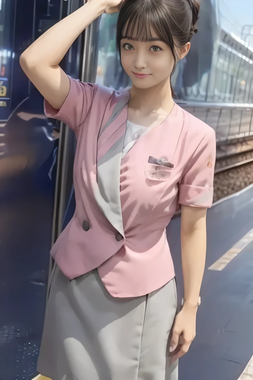 (masterpiece:1.2, best quality:1.2), 32kHDR, there is nothing, (Alone、 1 girl)、( Rooftop of a building during the day 、 professional lighting)、With the roof of the building in the background 、( Nankai train crew uniform real style wearing pink )、(( Nankai train crew uniform pink short sleeve collarless jacket))、((short sleeve collarless blouse ))、((Nankai train crew uniform pinkのグレーの巻きキュロットスカート))、 dark brown hair 、(Hair tied up、Hair Bun、Hair Bun)、 dark brown hair 、Long Hit、Big Breasts、Thin legs、(( amazing hands:2.0)),(( Harmonious Body Proportions :1.5)),((Normal limbs:2.0)),((Usually :2.0)),(( Delicate Eyes Full of Determination :2.0)),((Normal eyes:2.0)))、smile、(Nankai train crew uniform pinkを見せた美しい立ち姿) 、Hands clasped underneath
