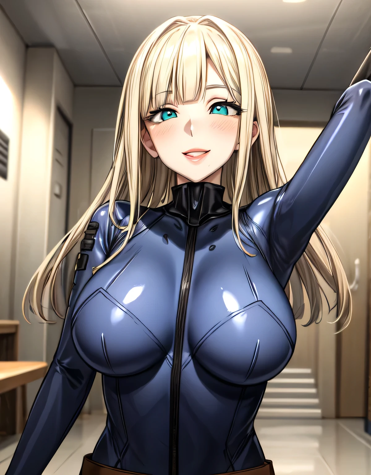 blonde hair,semi-long hair,(blunt bangs),smile,blush,lips,NiimiBodysuit,blue bodysuit,belt,(shiny bodysuit),latex,indoor room,(large breasts:1.55),(shiny,hair),((solo)),((masterpiece)),((best quality)),perfect anatomy,slim waist,perfect image,8k UHD,(beautiful detailed eyes:1.5),extremely detailed face,standing,(upper body:1.2),(look at the front:1.5),(arms behindback),ultra-detailed,absurdres,ultra-highres,