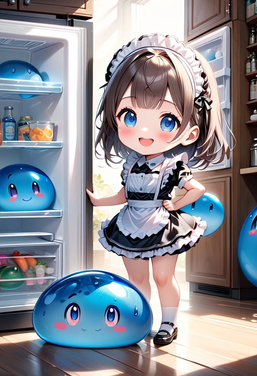 (masterpiece, ultra-detailed, best quality, clear focus, dramatic scene, cinematic), shadow, (ultra-high resolution, 8k), perfect anatomy, perfect face, (detailed face, detailed eye, chibi), cute Japanese chibi slender girl, famous Japanese chibi idol, (chibi:1.3), very beautiful and cute and cool face, (wearing a cute maid outfit with frills:1.3), (she is standing in front of the fridge in the antique kitchen:1.3), (she is opening the fridge, giant blue slime is cooling in the fridge and looks so happy:1.3), (detailed blue slime:1.3), smile, she looks so happy