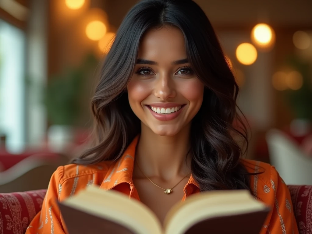 Brunette girl, wavy black hair, tanned dark skin, wearing a low-cut blouse from a famous designer, she must be facing the observer, she shows the camera the cover of a book all white, she has a beautiful smile, Brazilian woman around 25 years old, shows her from the waist up,