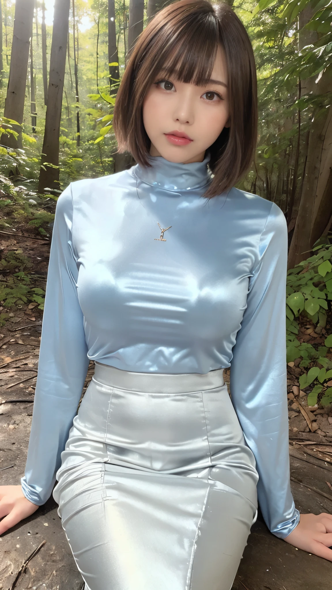 (masterpiece,  best quality,    ultra high resolution ),  extremely detailed CG  ,  short bob hair with bangs 、  beautiful face、((( very pretty Japanese woman hiding her chest with her hands ))),((Long high-waisted mermaid pencil skirt in shiny light blue satin )),The shirt is tucked into the skirt、(Maxi long skirt)、(((Long-sleeved, form-fitting, high-neck t-shirt made of shiny silver satin fabric)))、((((Sitting in the forest on a dark night)))),Sexy thigh line 